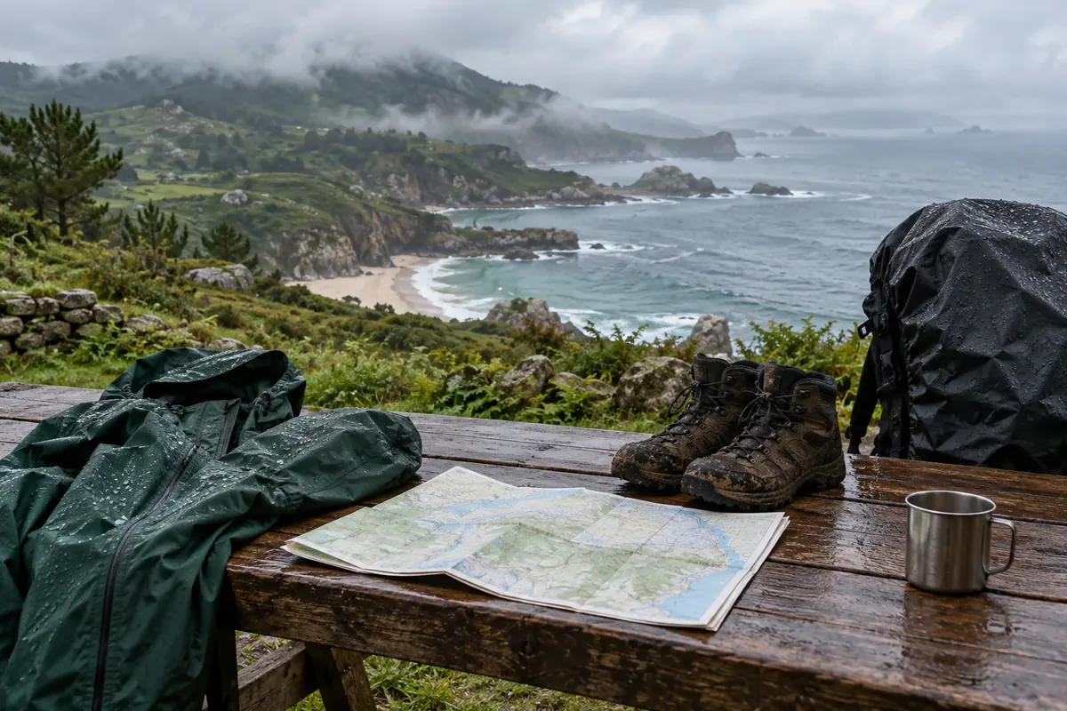 Equipo impermeable preparado junto a una costa lluviosa